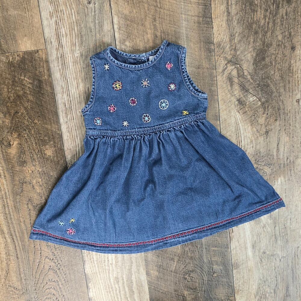 Vintage 90s Baby Gap Embroidered Denim Jumper Dress 3 Years Cottagecore Cottion